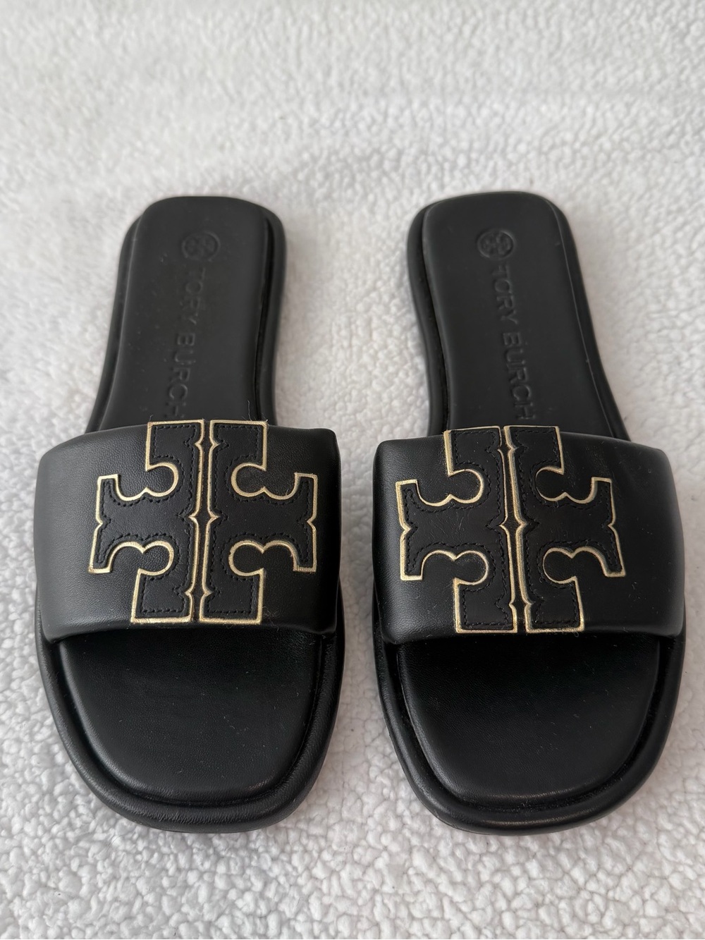Tory Burch Black Slide Sandals with Gold Logo Accent